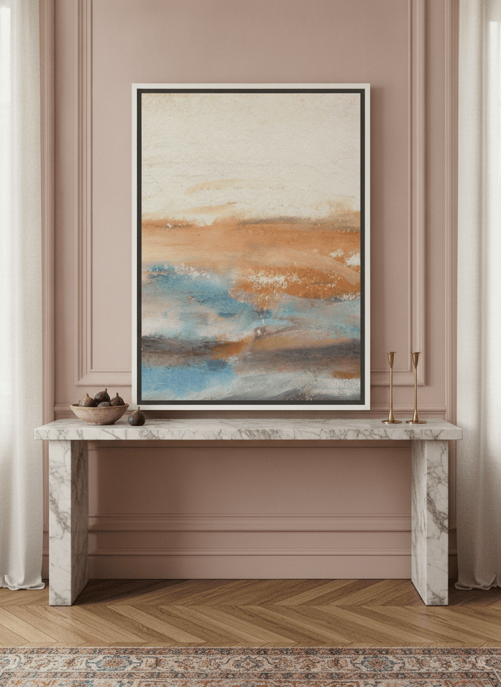 Canvas wall art with a white surround standing on a console in a Parisian dining room