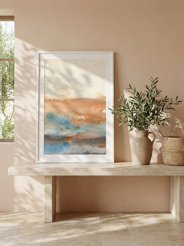 Modern wall art print standing on a console in a Mediterranean home office