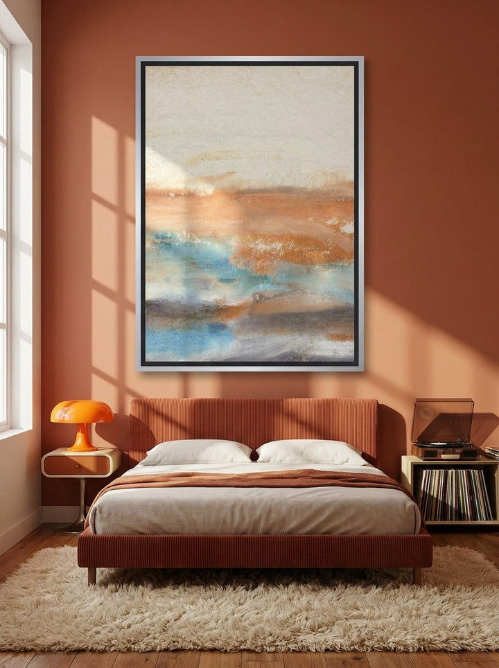 Canvas wall art with a silver leaf surround styled on the wall in a retro 70s bedroom