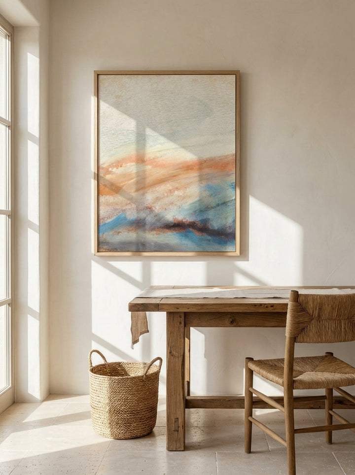 Modern wall art print styled on the wall in a Mediterranean home office