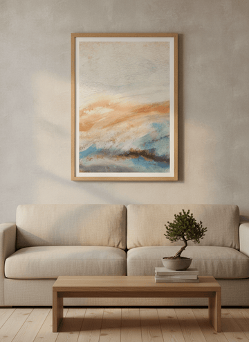 Modern wall art print styled on the wall in a warm Japandi living room