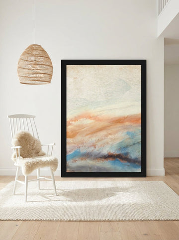Oversized statement modern wall art print leaning against the wall in a bright Scandinavian dining room