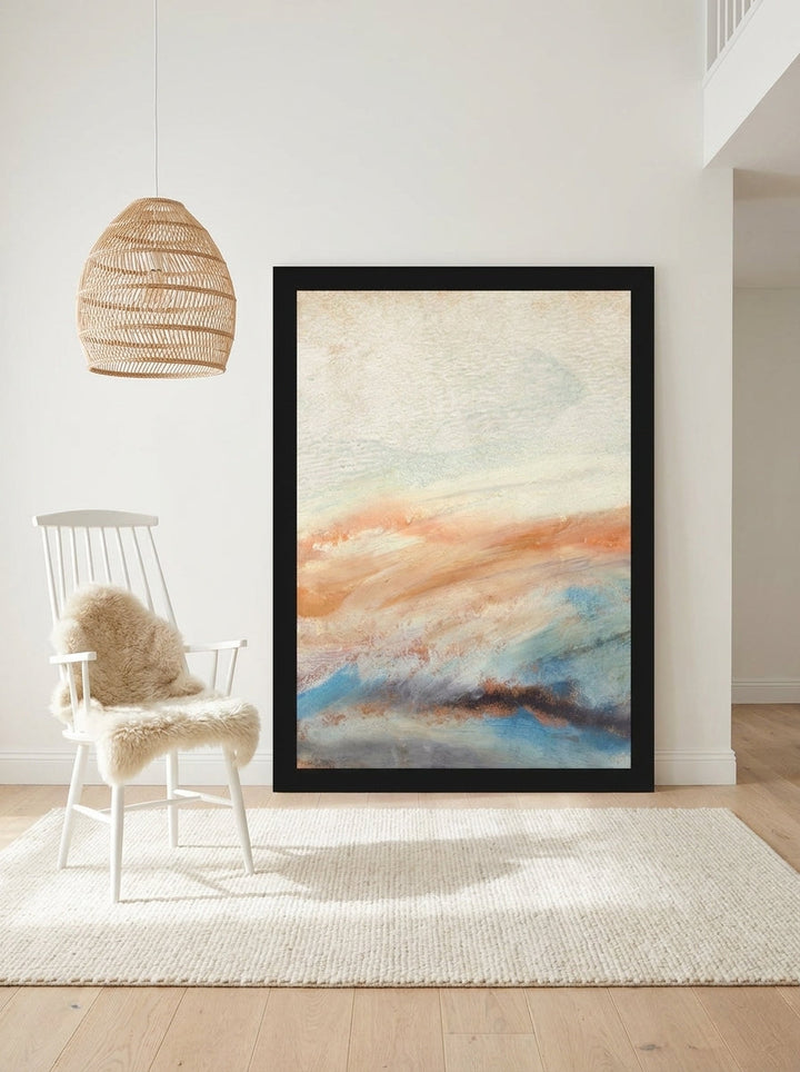 Oversized statement modern wall art print leaning against the wall in a bright Scandinavian dining room
