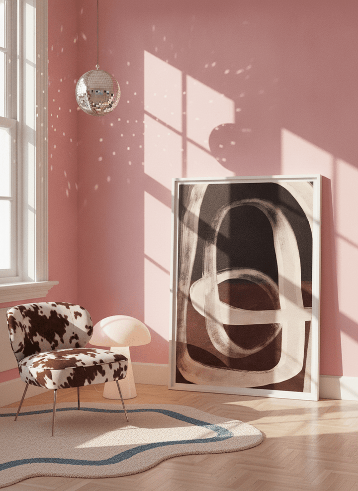 Modern wall art print leaning against the wall in a colourful eclectic bedroom