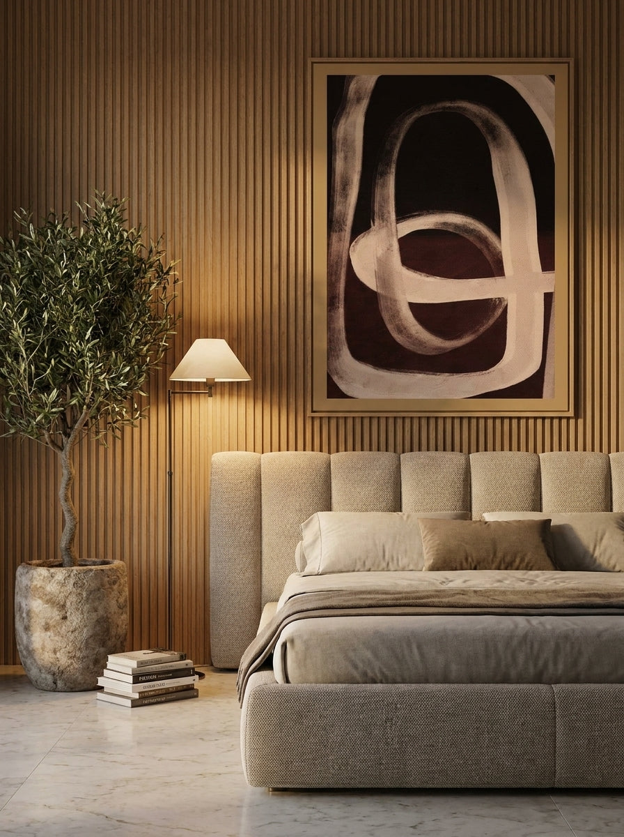 Oversized statement modern wall art print styled on the wall in a luxe bedroom