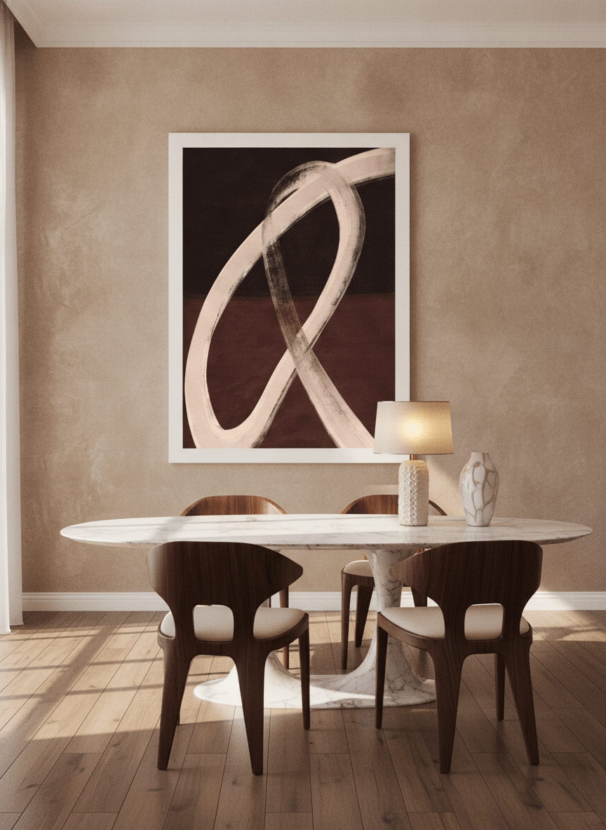 Oversized statement modern wall art print styled on the wall in a luxe dining room
