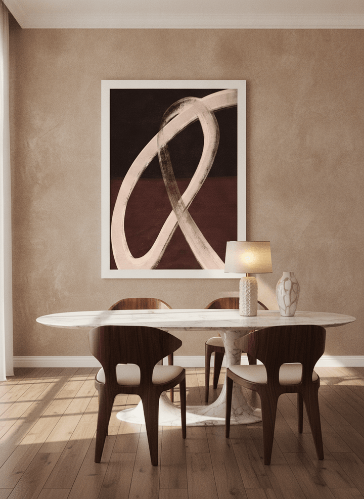 Oversized statement modern wall art print styled on the wall in a luxe dining room