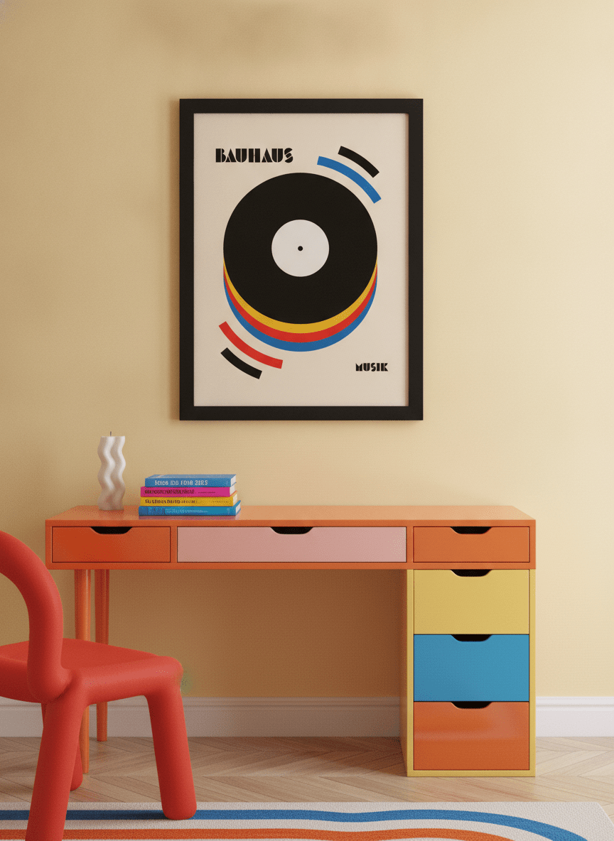 Modern wall art print styled on the wall in a colourful eclectic home office