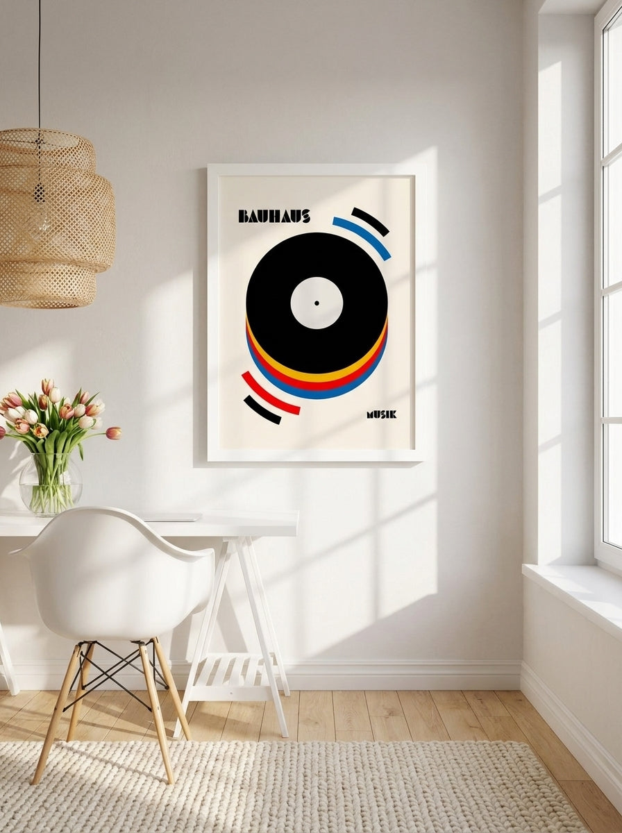 Modern wall art print styled on the wall in a bright Scandinavian home office
