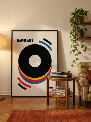 Oversized statement modern wall art print leaning against the wall in a retro 70s living room