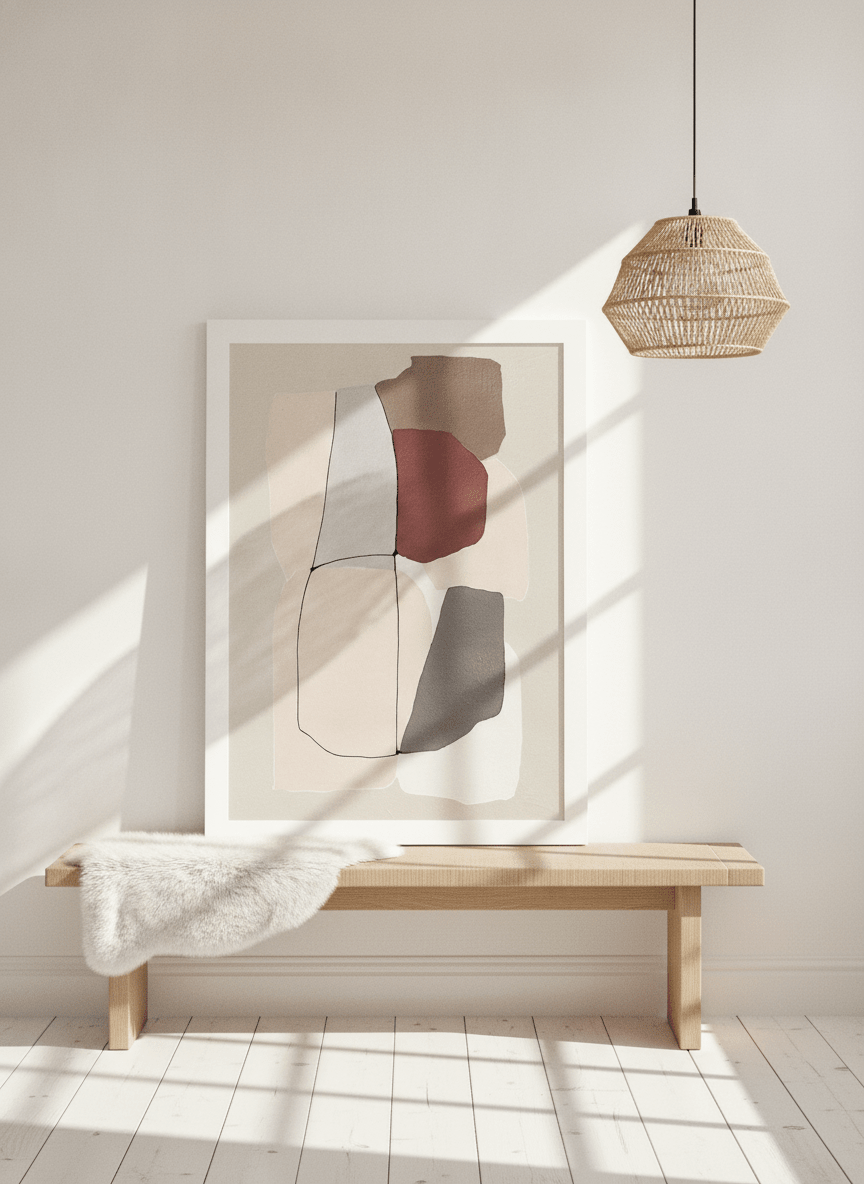 Modern wall art print standing on a bench in a bright Scandinavian home office
