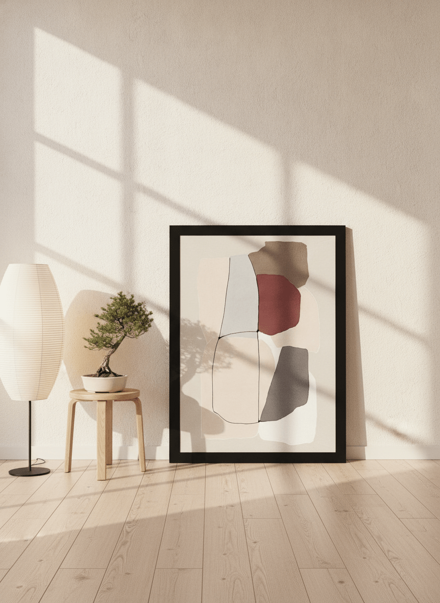 Oversized statement modern wall art print leaning against the wall in a warm Japandi bedroom