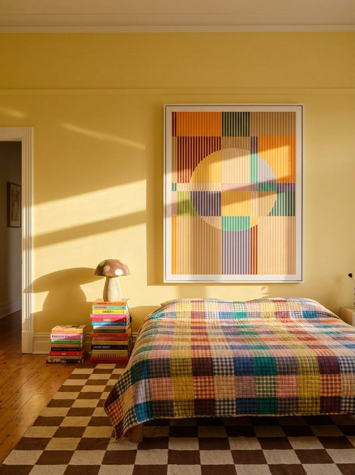 Oversized statement modern wall art print styled on the wall in a colourful eclectic bedroom