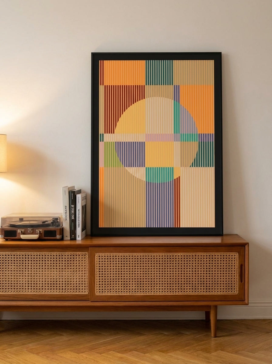 Modern wall art print standing on a sideboard in a mid-century home office