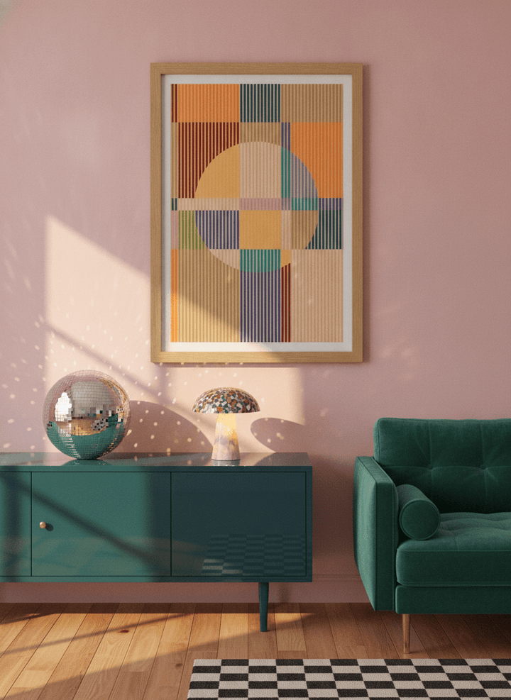 Modern wall art print styled on the wall in a colourful eclectic living room