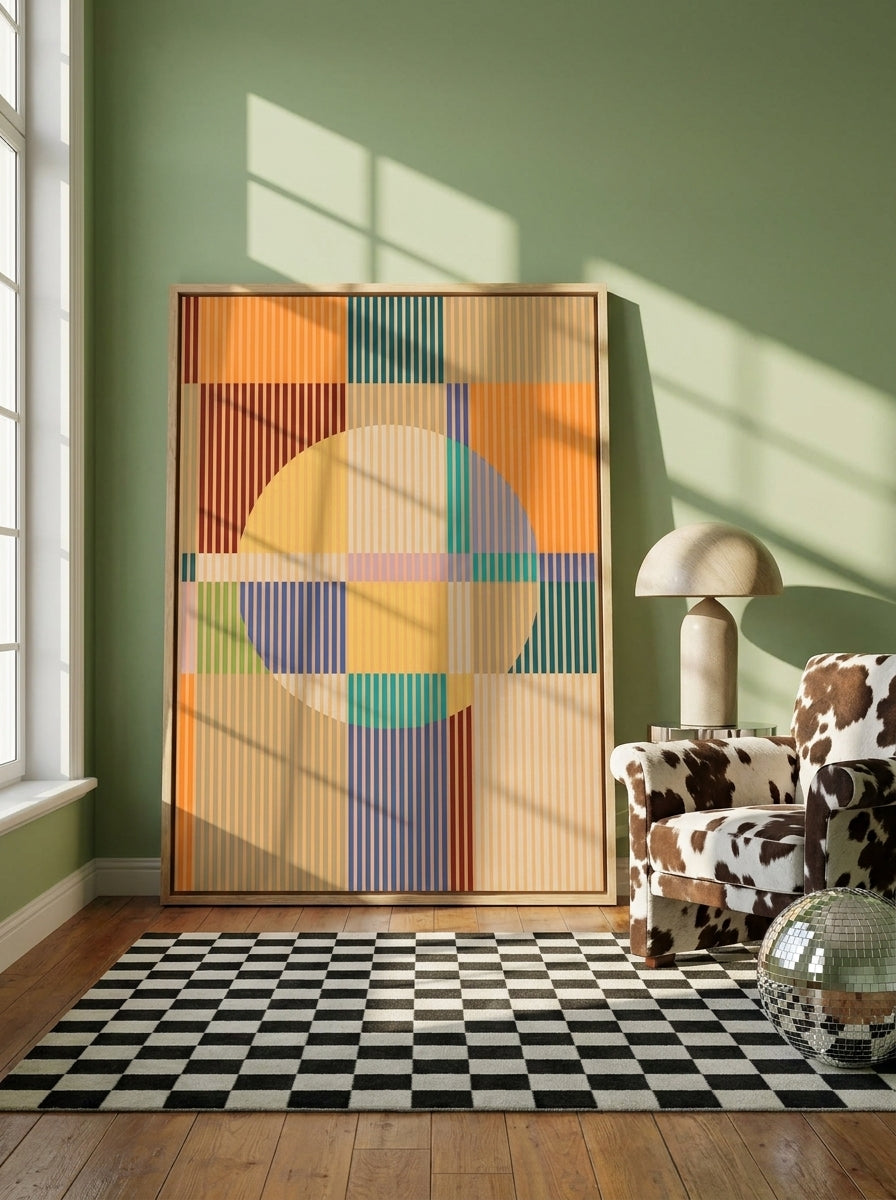 Oversized statement canvas wall art with a natural timber surround leaning against the wall in a colourful eclectic dining room
