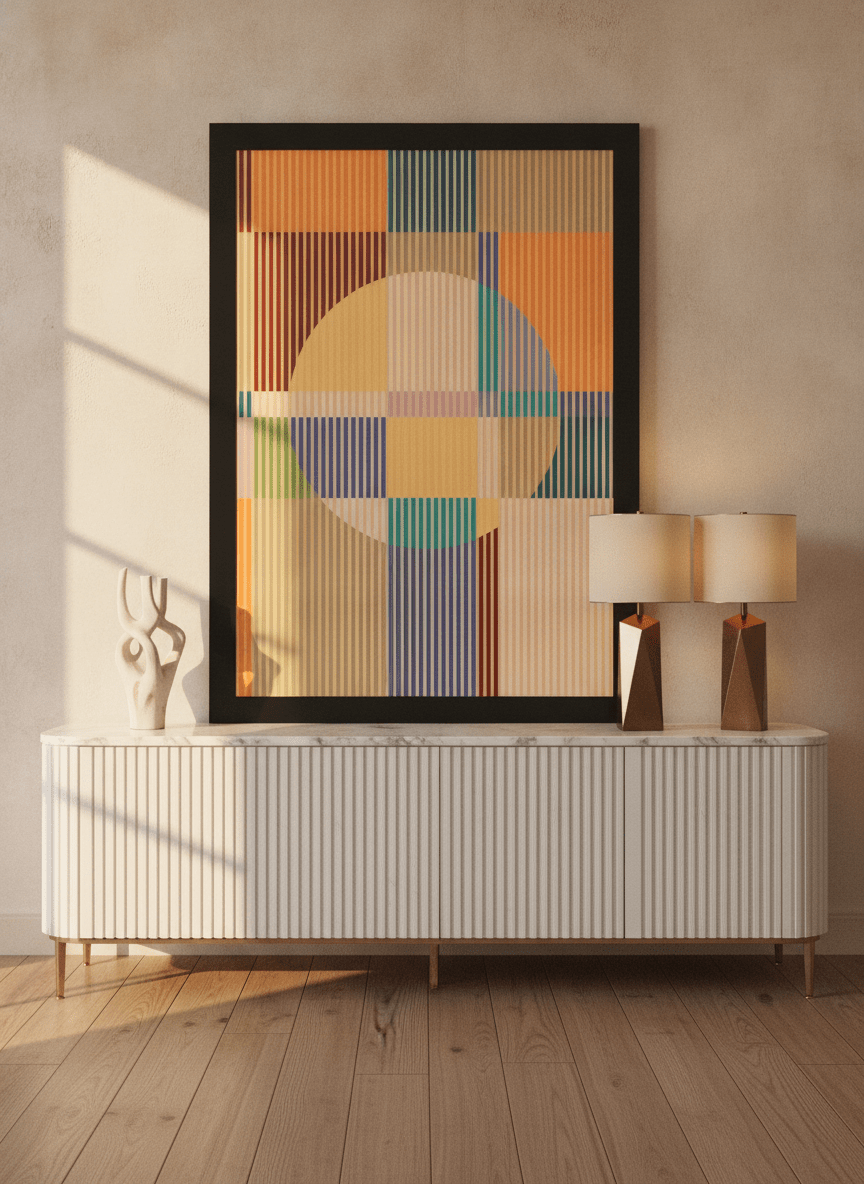 Modern wall art print standing on a sideboard in a luxe bedroom
