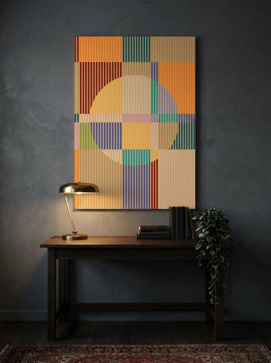 Stretched canvas wall art styled on the wall in a moody home office