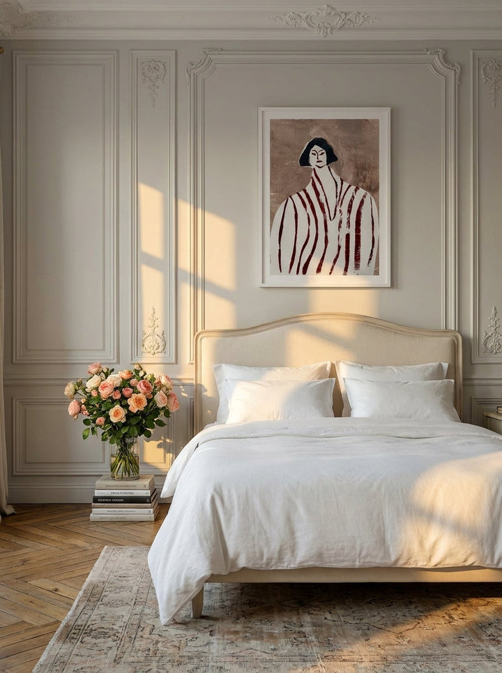 Modern wall art print styled on the wall in a Parisian bedroom