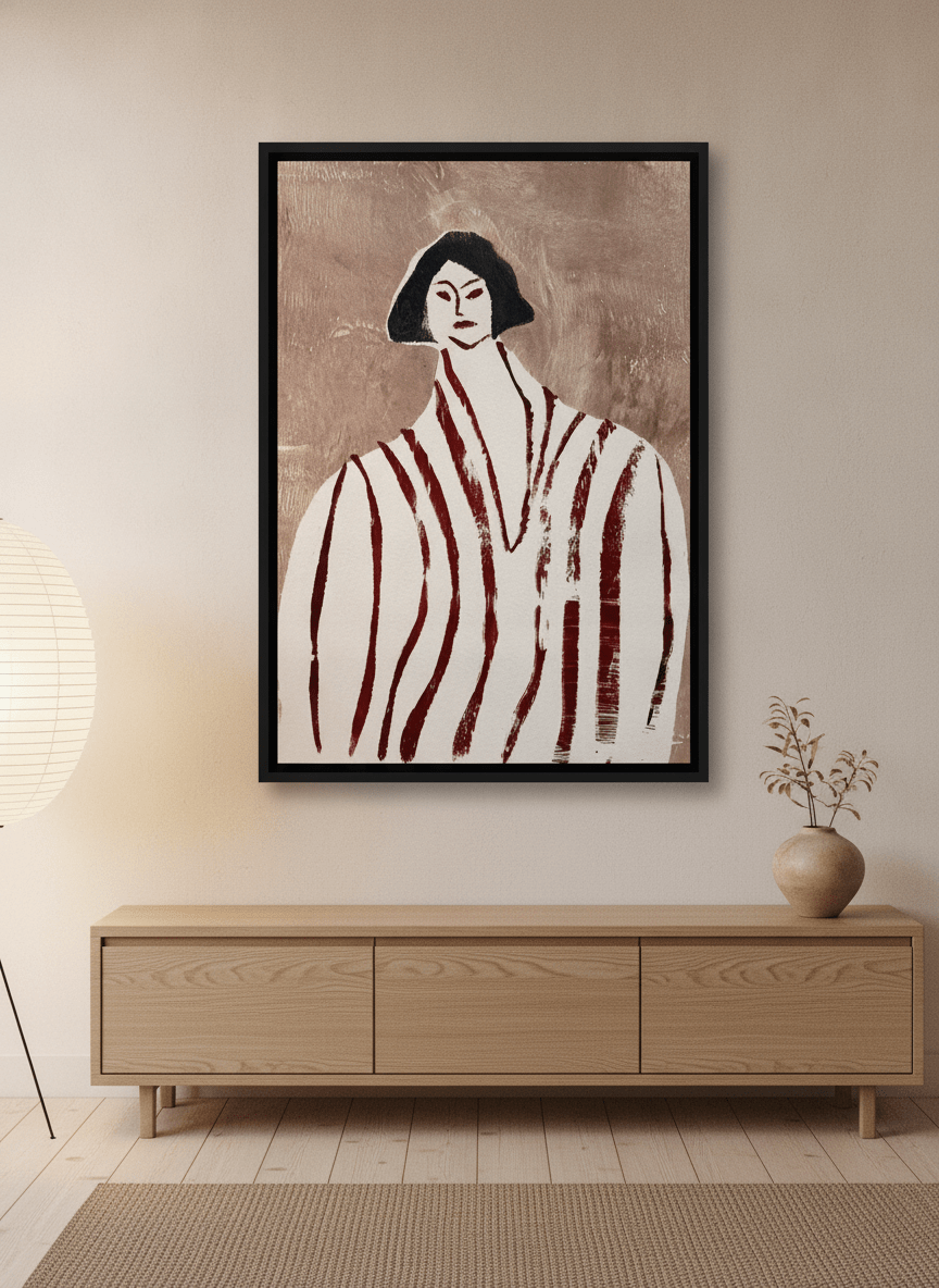 Canvas wall art with a black surround styled on the wall in a warm Japandi living room
