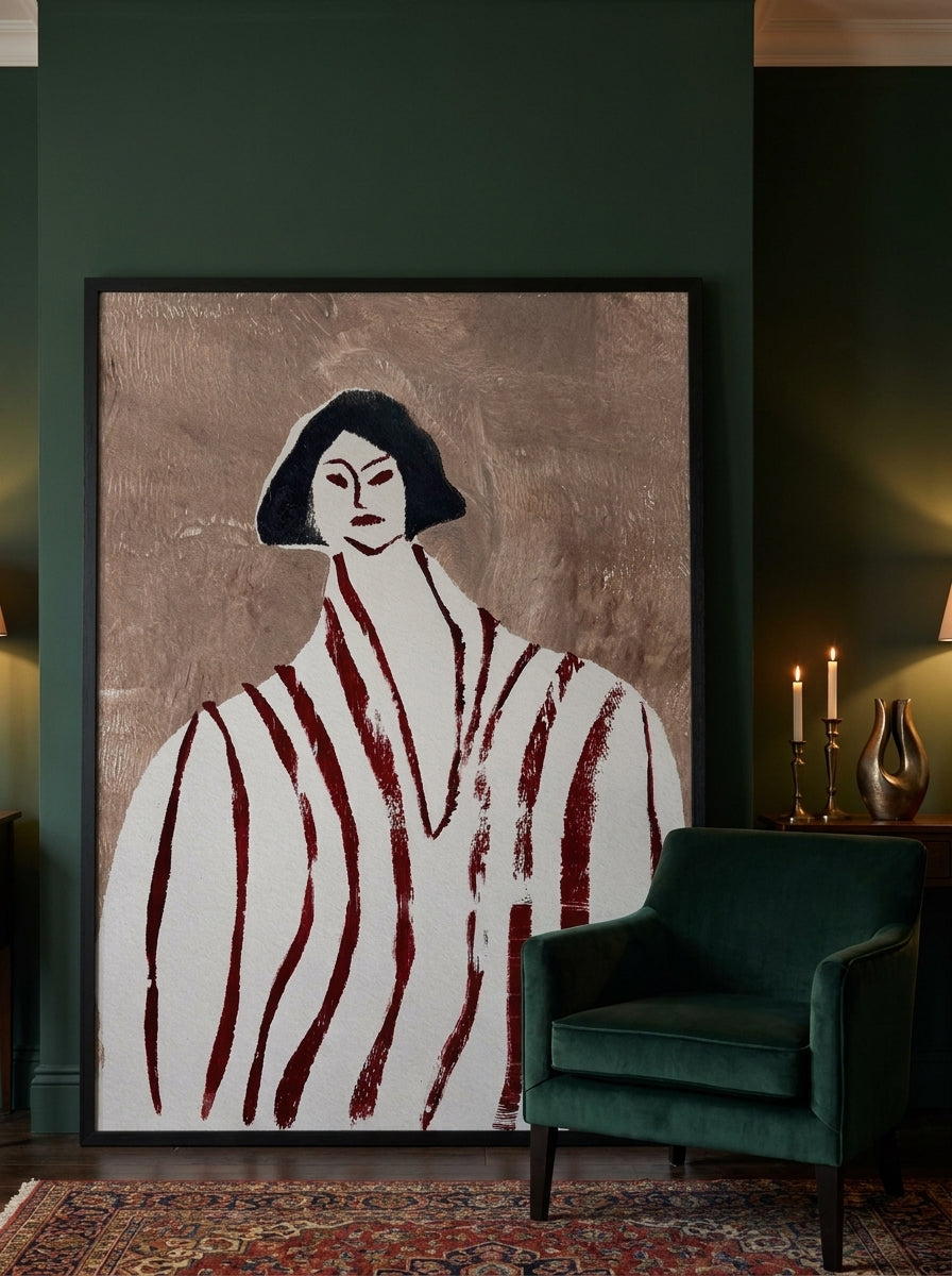 Oversized statement modern wall art print leaning against the wall in a moody bedroom