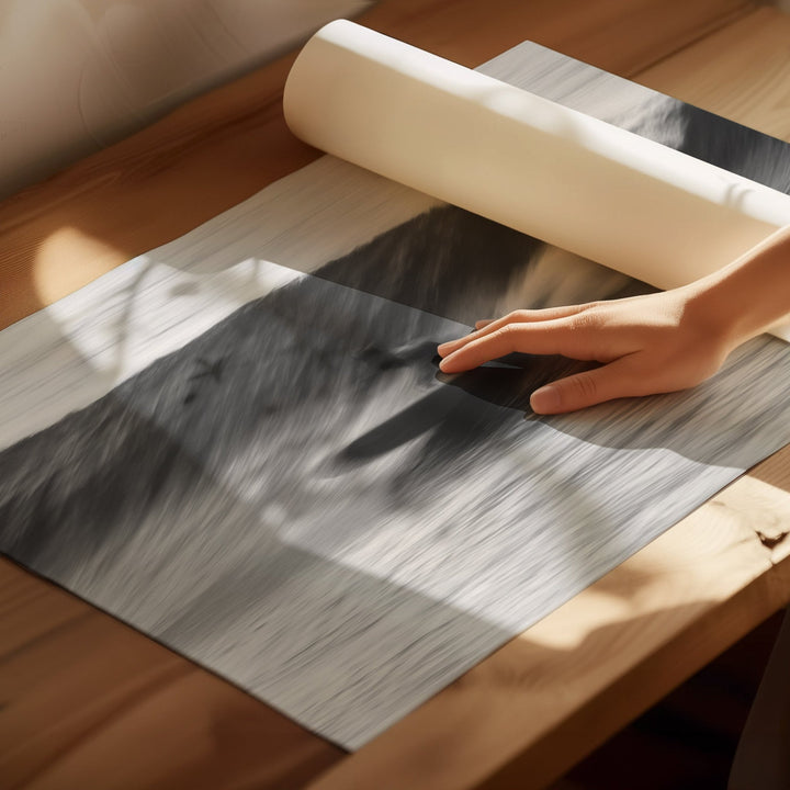 Person rolling out a vinyl floor covering on a wooden surface
