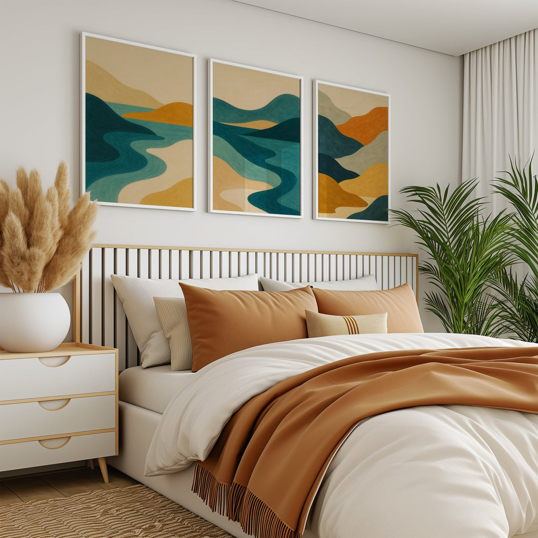 Abstract Trio Coastal Illustration Sunset Prints wall - art - picture - poster