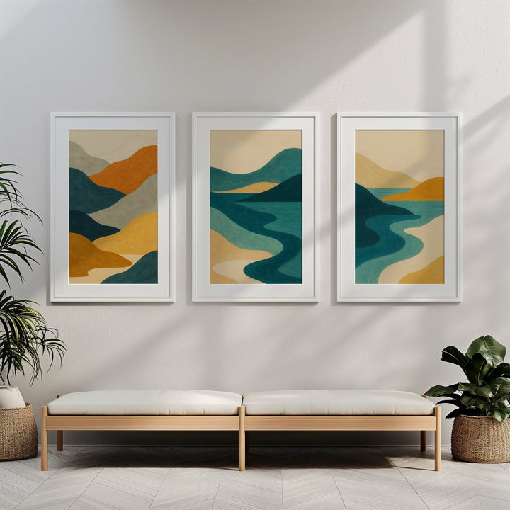 Abstract Trio Coastal Illustration Sunset Prints wall - art - picture - poster