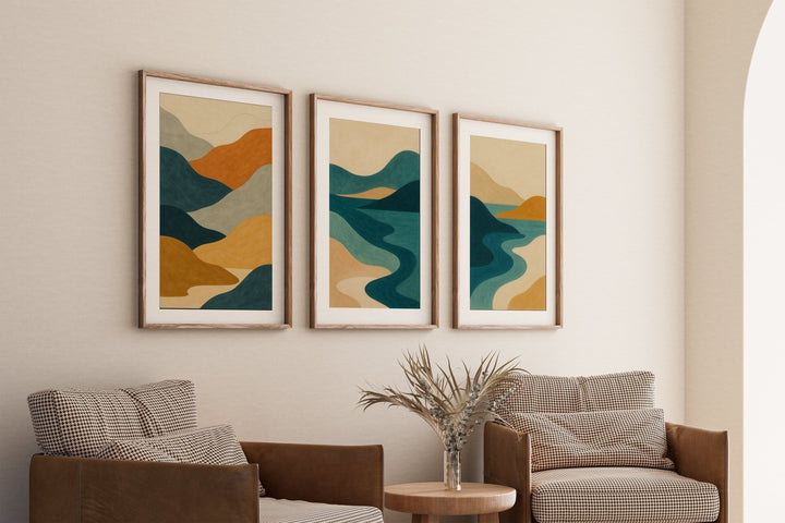 Abstract Trio Coastal Illustration Sunset Prints wall - art - picture - poster
