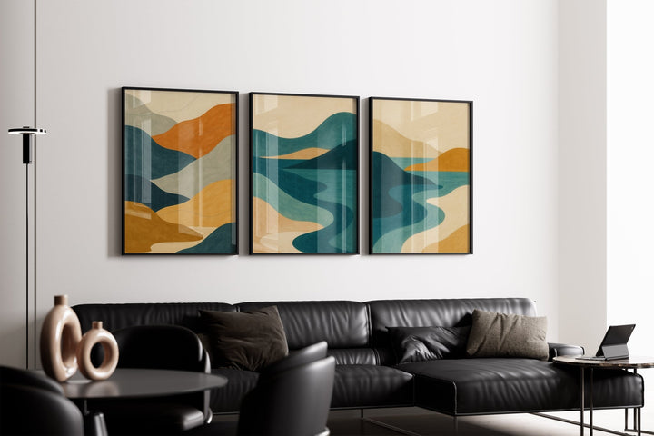 Abstract Trio Coastal Illustration Sunset Prints wall - art - picture - poster