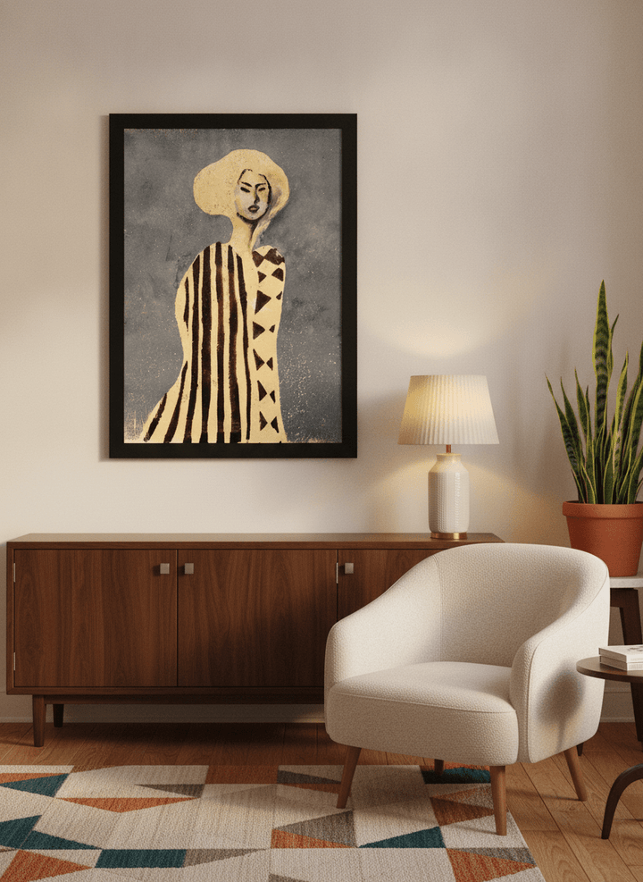 Modern wall art print styled on the wall in a mid-century living room