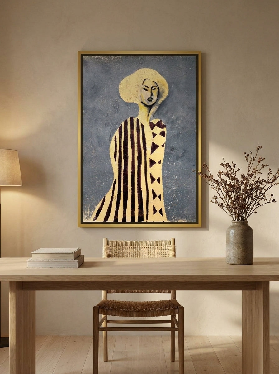 Canvas wall art with a gold leaf surround styled on the wall in a warm Japandi home office