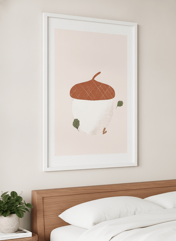 Minimalist artwork displayed in a calm, light-filled bedroom interior