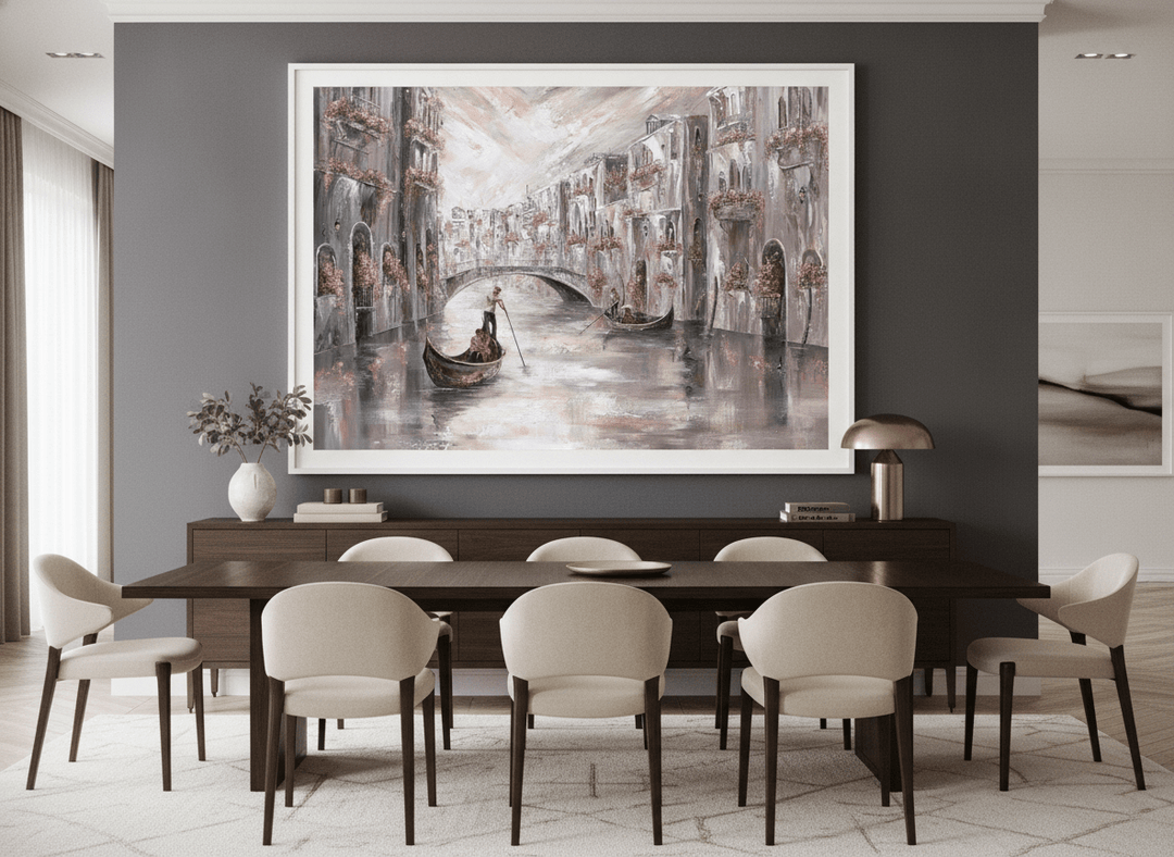 Monumental artwork centred on a feature wall in a luxe interior
