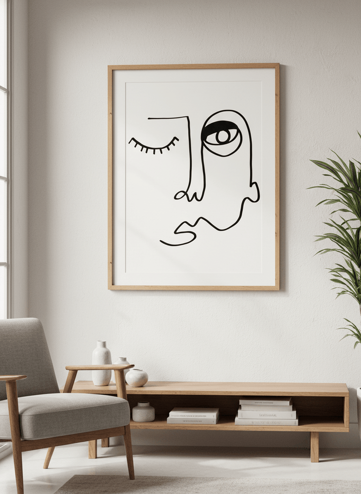 Modern wall art styled above a sofa in a neutral living room