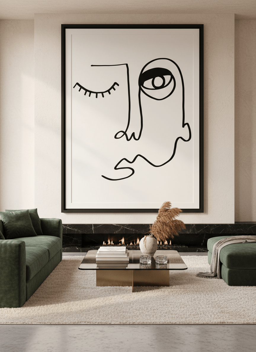 Monumental artwork centred on a feature wall in a luxe interior