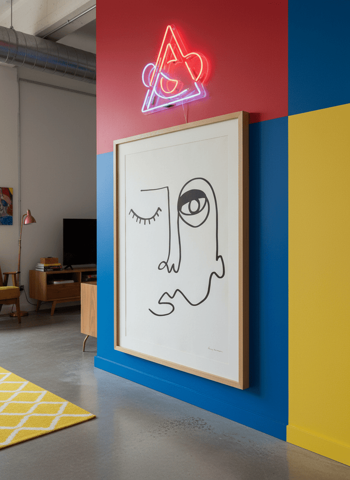 Bold wall art styled in a colourful, eclectic modern home