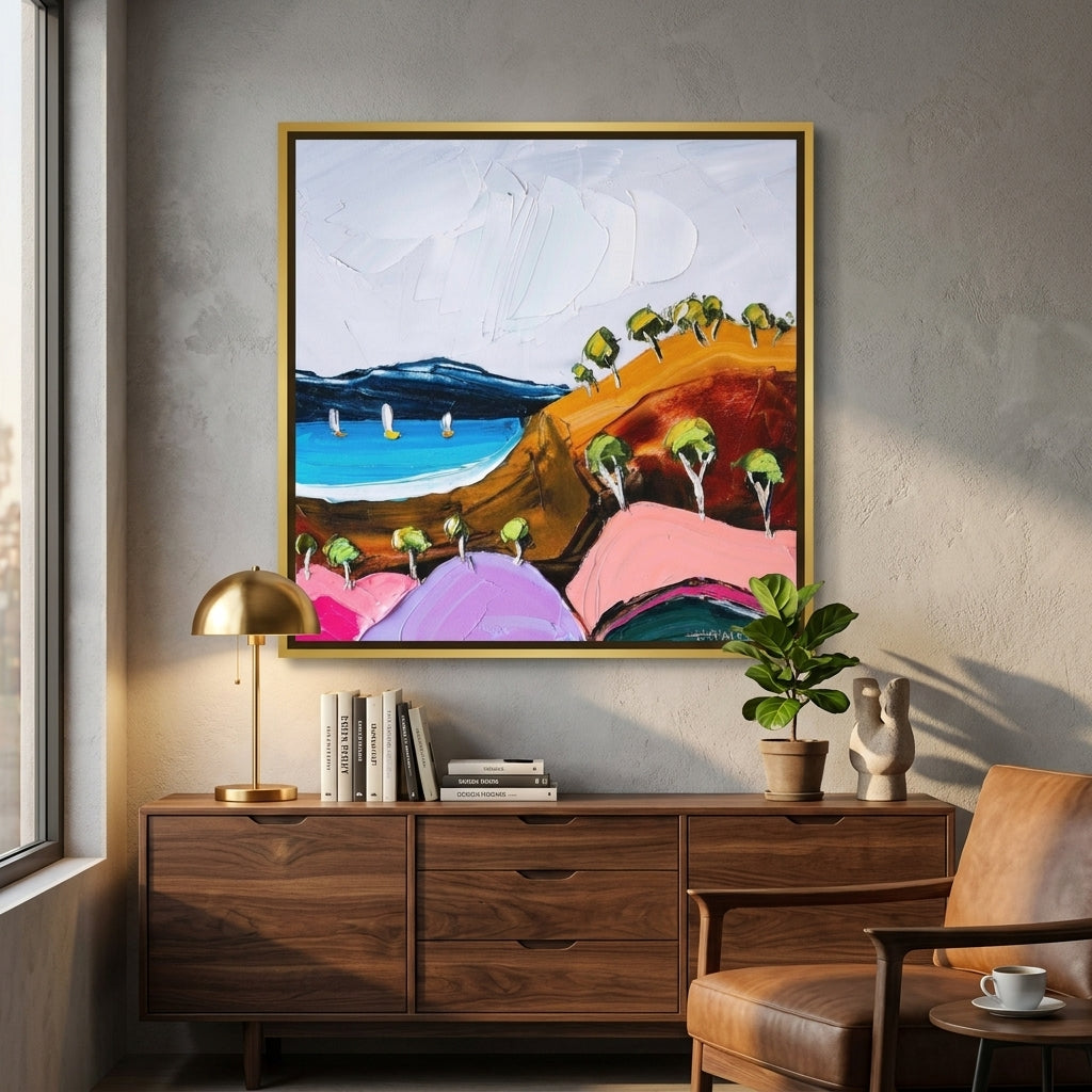 Canvas wall art with a gold leaf surround styled in a bright modern office