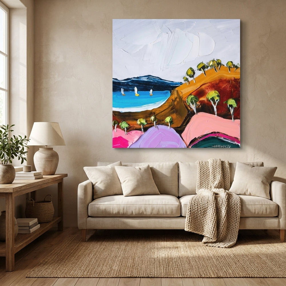 Stretched canvas wall art styled in a neutral living room