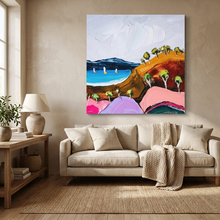 Stretched canvas wall art styled in a neutral living room