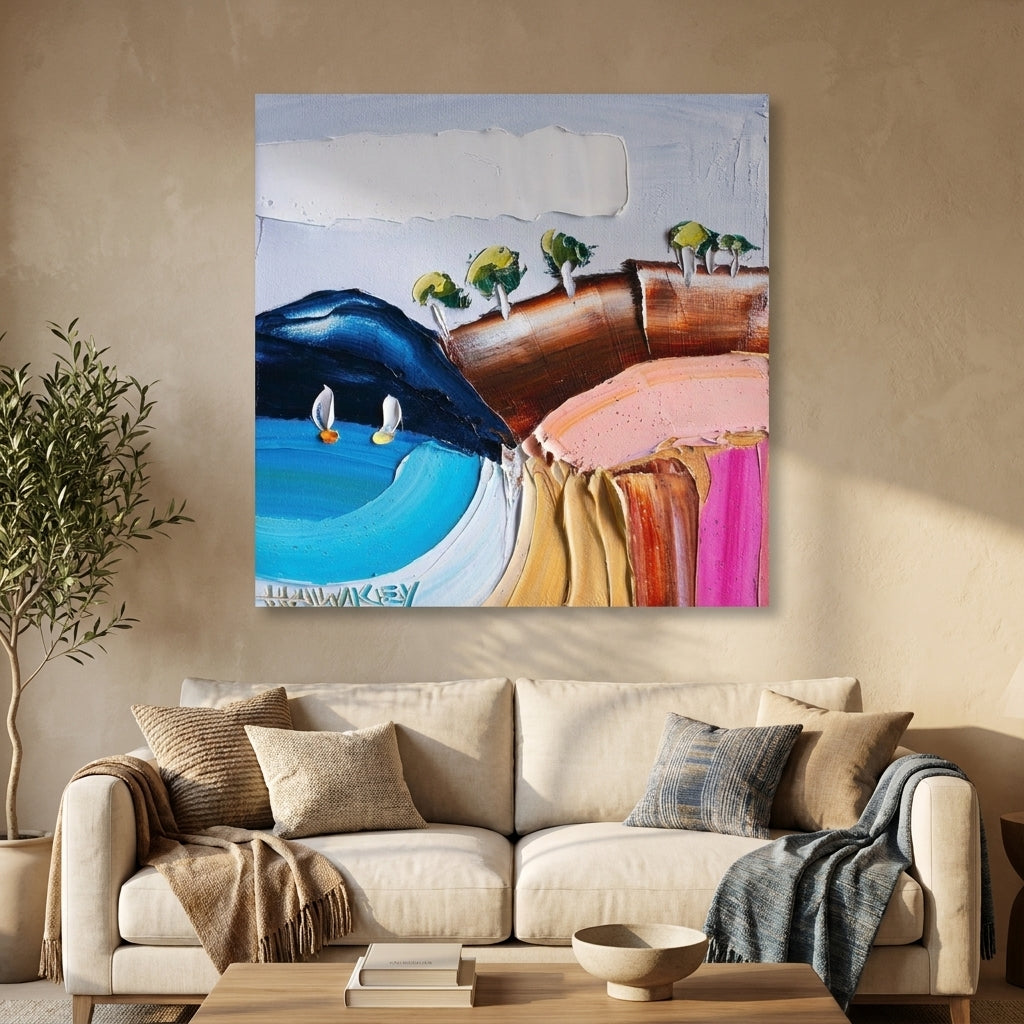 Stretched canvas wall art styled in a neutral living room