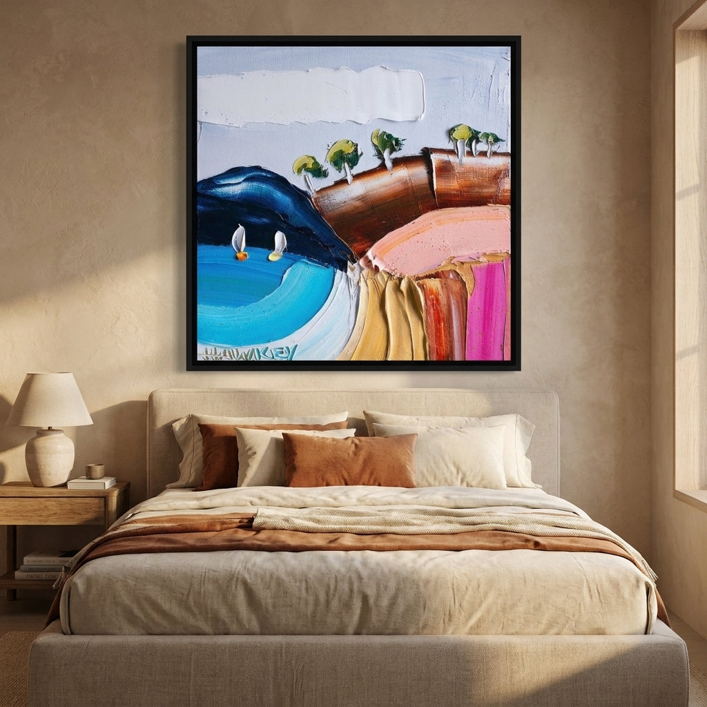 Canvas wall art with a black surround styled in a calm, light-filled bedroom