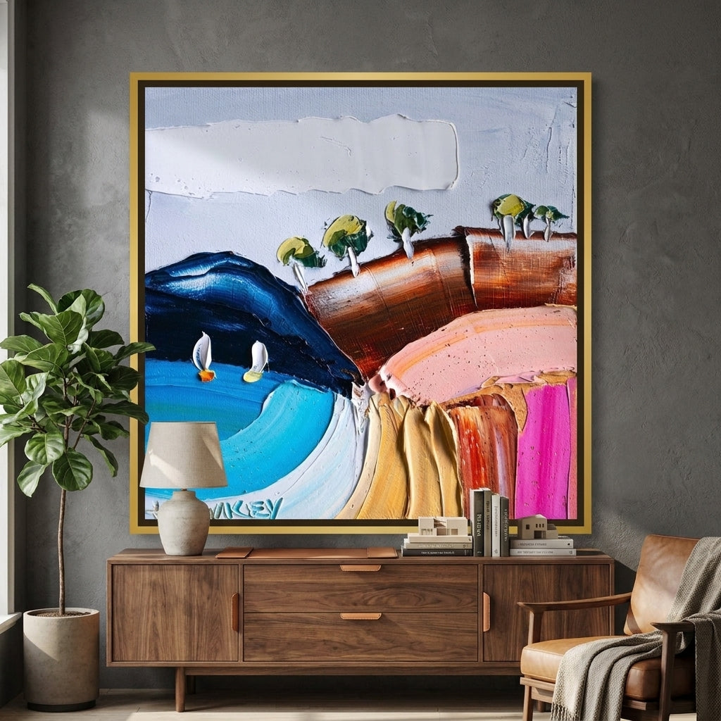 Canvas wall art with a gold leaf surround styled in a bright modern office