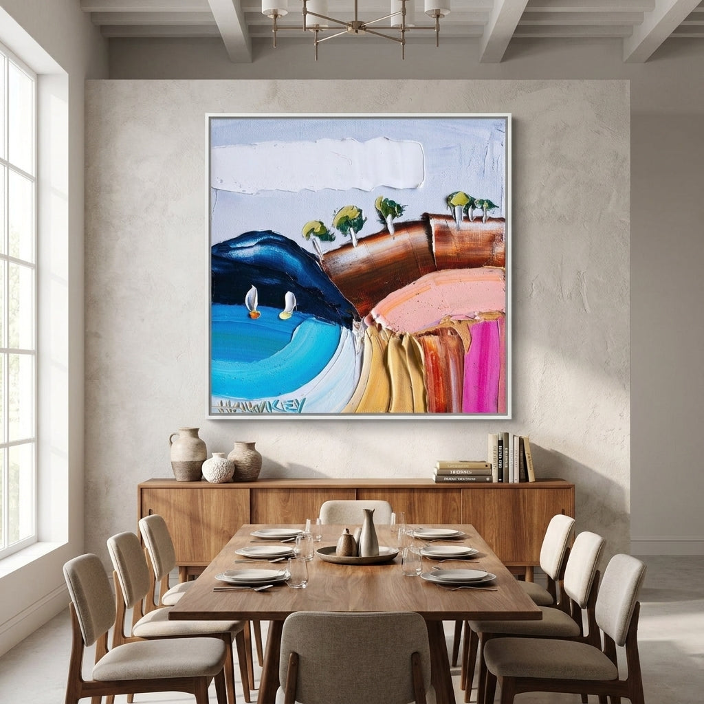 Oversized statement canvas wall art with a white surround styled in a contemporary dining room