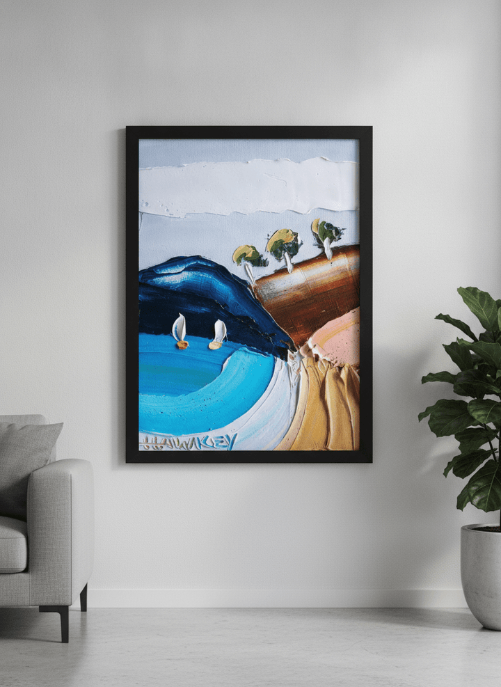 Modern wall art styled above a sofa in a neutral living room