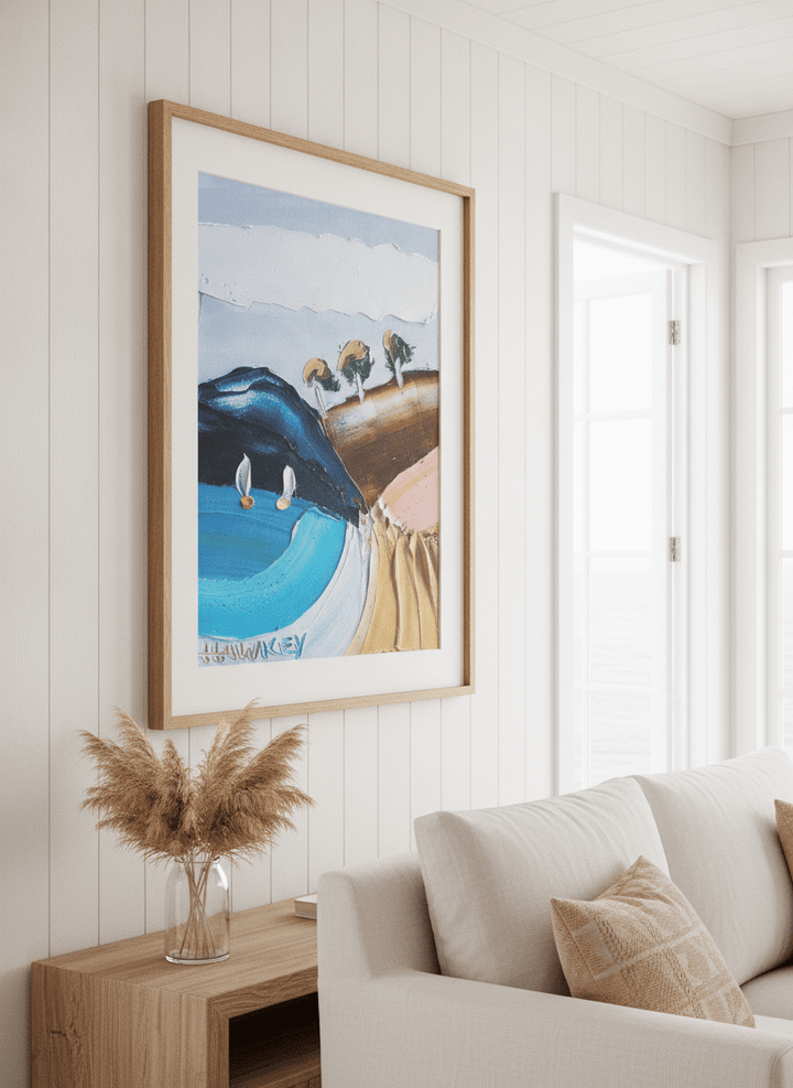 Neutral wall art displayed in a sunny coastal beach house