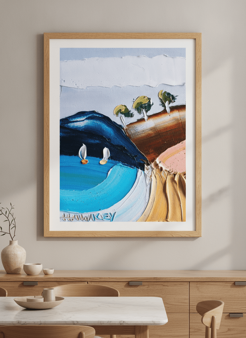 Wall art styled above a dining table in a contemporary home