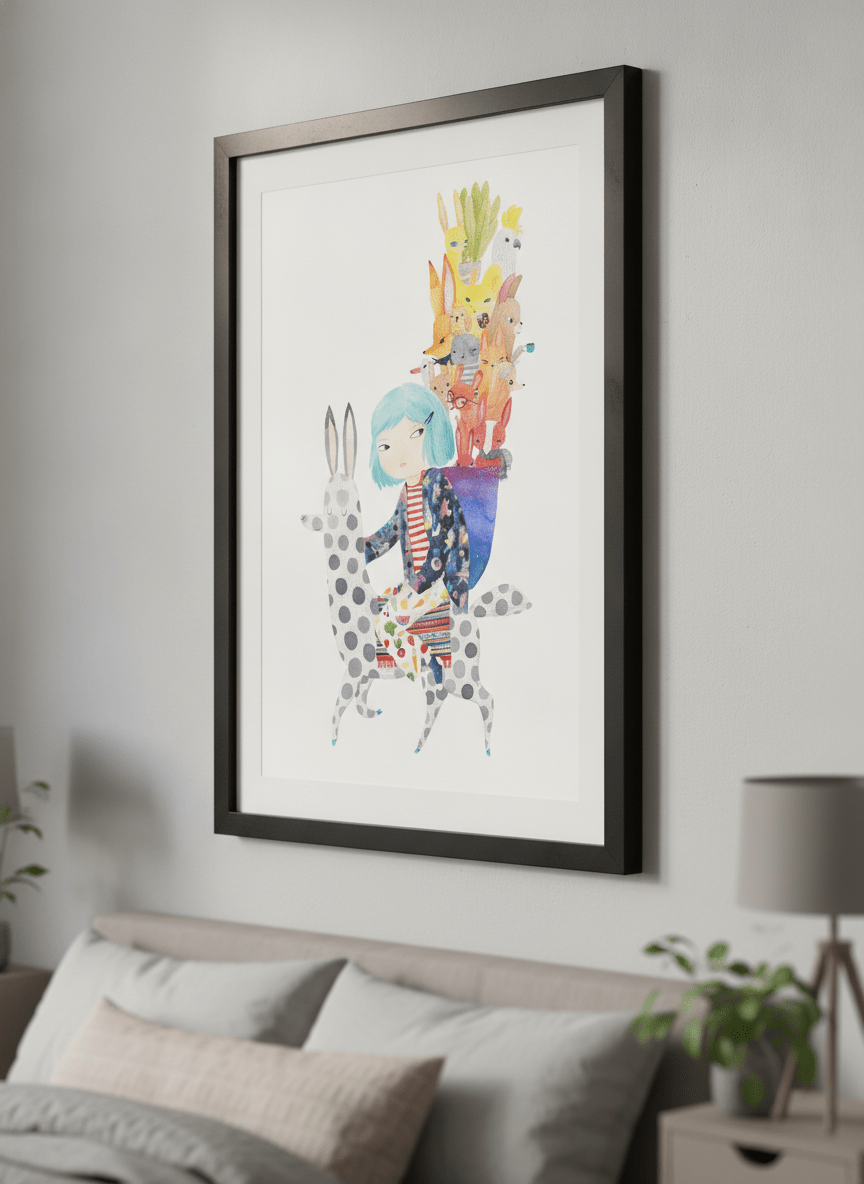 Minimalist artwork displayed in a calm, light-filled bedroom interior