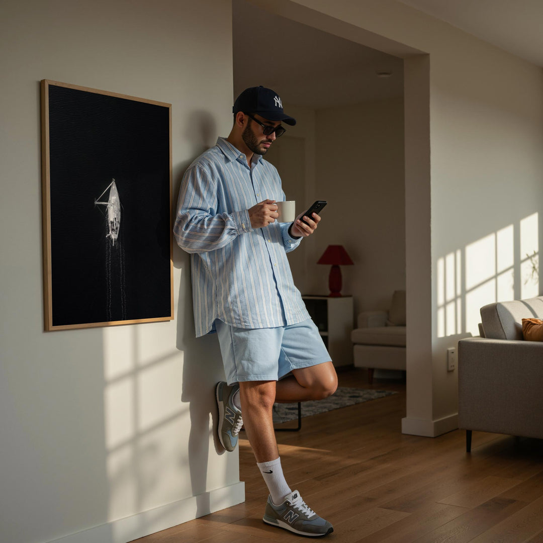 Man in a casual outfit using a phone in a sunlit living room.