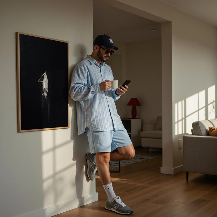 Man in a casual outfit using a phone in a sunlit living room.